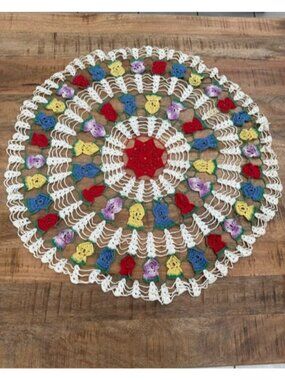 Doily Crochet Handmade White Floral Multicolor Round Vintage Red Blue 26 inch